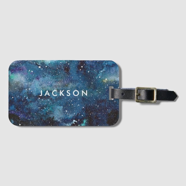 Blue Watercolor Galaxy Space Stars Name Luggage Tag (Front Horizontal)