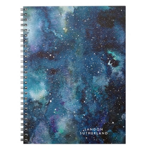 Blue Watercolor Galaxy Space Stars Name Notebook