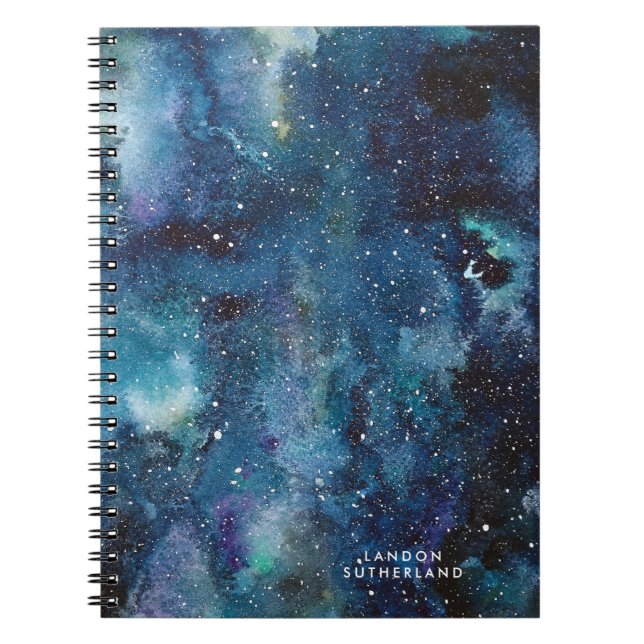 Blue Watercolor Galaxy Space Stars Name Notebook (Front)
