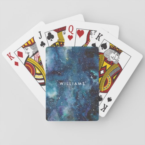 Blue Watercolor Galaxy Space Stars Name Playing Cards