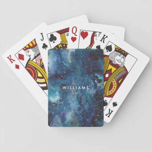 Blue Watercolor Galaxy Space Stars Name Poker Cards
