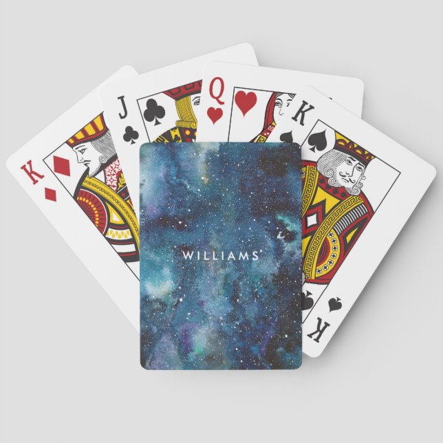 Blue Watercolor Galaxy Space Stars Name Poker Cards (Back)