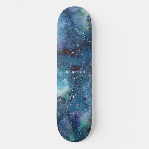 Blue Watercolor Galaxy Space Stars Name Skateboard