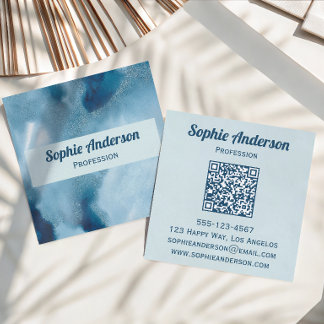 Blue Watercolor Geode QR Code Professional Square Business Card