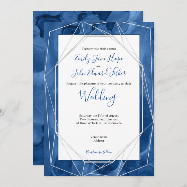 Blue Watercolor/Geometric Silver Lines Wedding Invitation (Front/Back)