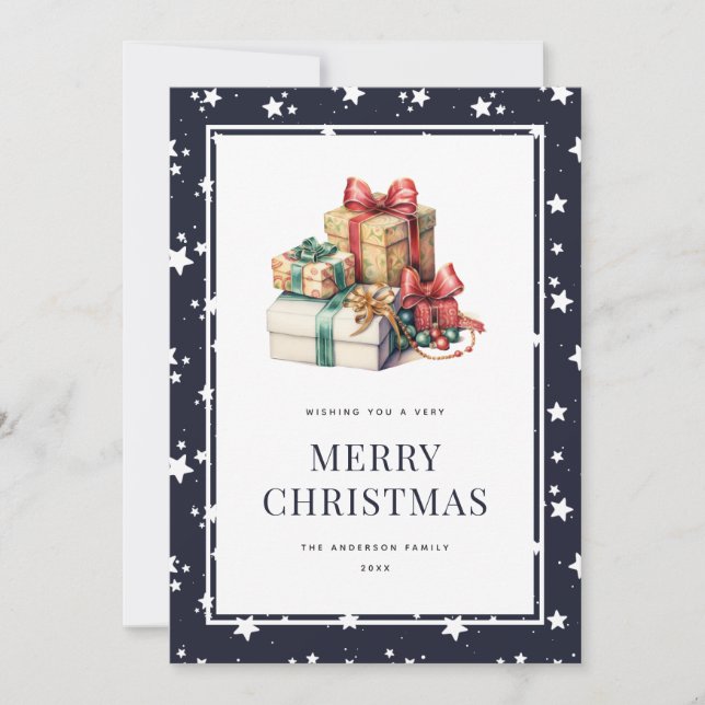 Blue Watercolor Gifts Snow Stars Christmas Card (Front)