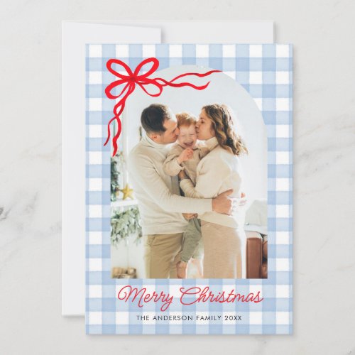 Blue Watercolor Gingham Arch Photo Holiday Card