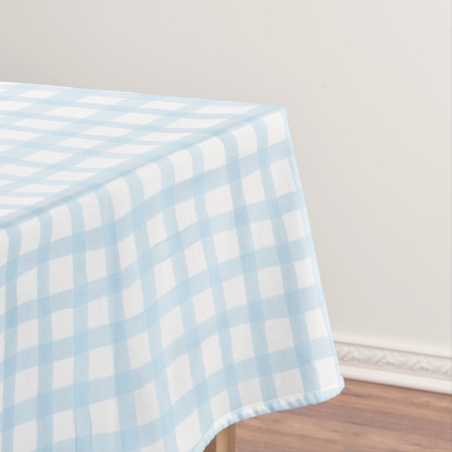 Blue Watercolor Gingham Baby Shower Tablecloth (In Situ)