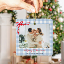 Blue Watercolor Gingham Christmas Photo