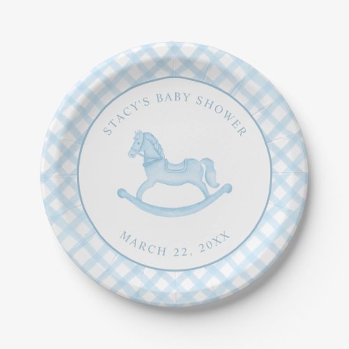 Blue Watercolor Gingham Rocking Horse Baby Shower Paper Plates