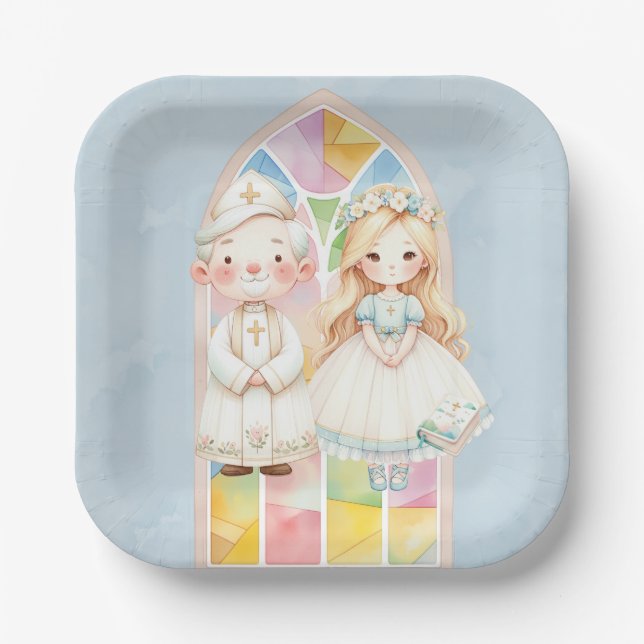 Blue Watercolor Girl 1st. Communion  Paper Plates (Front)