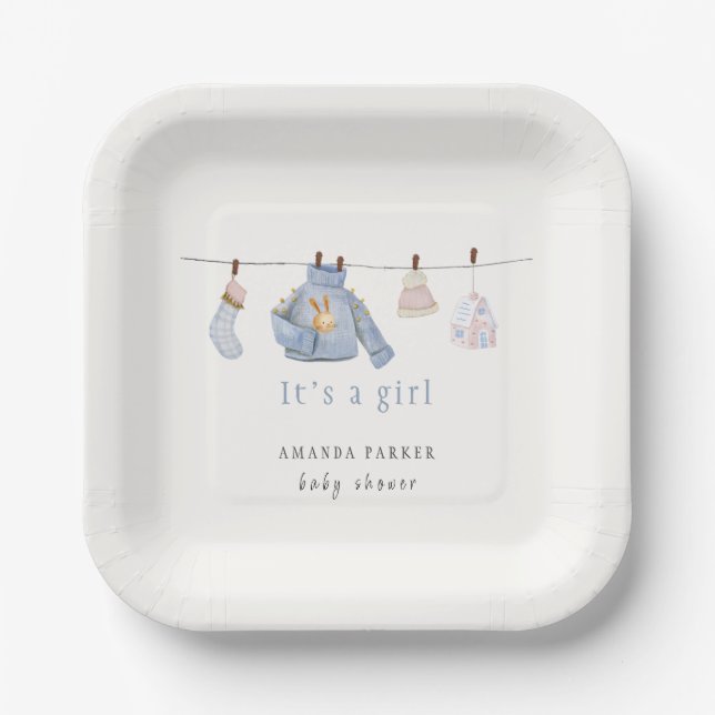 Blue Watercolor Girl Winter Clothes Baby Shower  Paper Plates (Front)