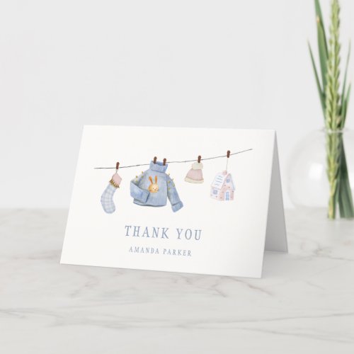 Blue Watercolor Girl Winter Clothes Baby Shower  Thank You Card