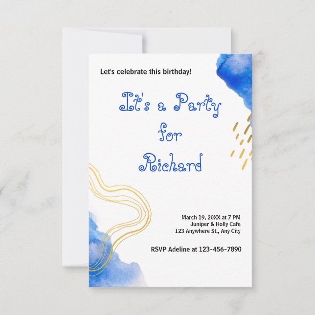 Blue watercolor glitter and gold birthday  invitation (Front)