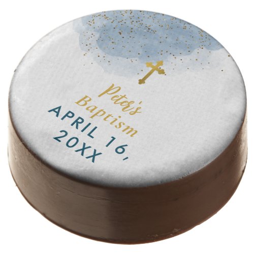 Blue Watercolor Glitter Gold Cross Baptism Boy Chocolate Covered Oreo
