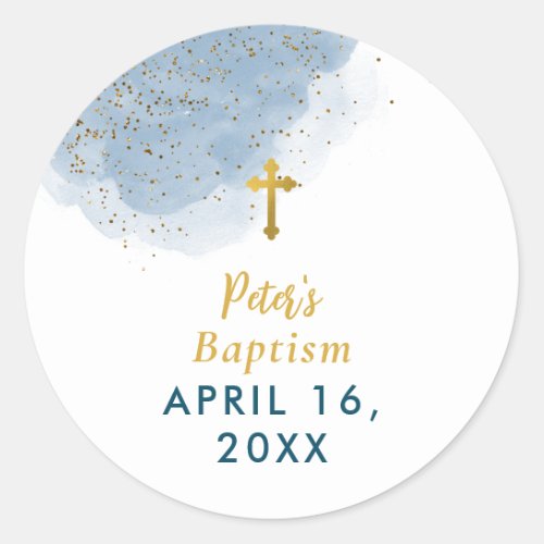 Blue Watercolor Glitter Gold Cross Baptism Boy Classic Round Sticker