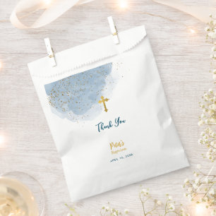 Blue Watercolor Glitter Gold Cross Baptism Boy Favor Bag