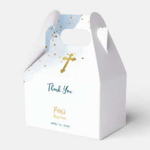 Blue Watercolor Glitter Gold Cross Baptism Boy Favor Boxes