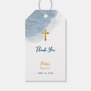 Blue Watercolor Glitter Gold Cross Baptism Boy Gift Tags