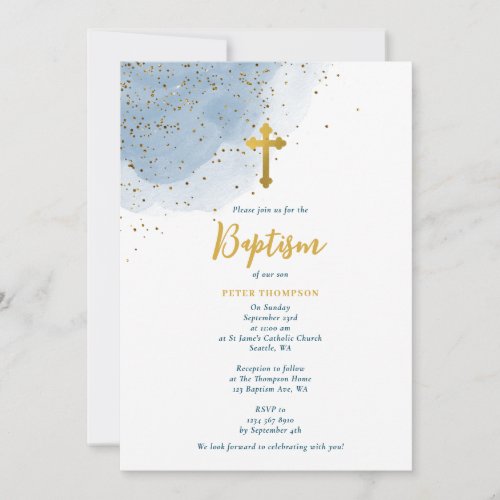 Blue Watercolor Glitter Gold Cross Baptism Boy Invitation
