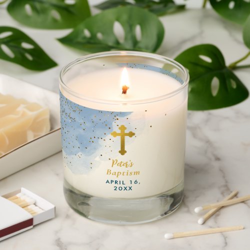 Blue Watercolor Glitter Gold Cross Baptism Boy Scented Candle