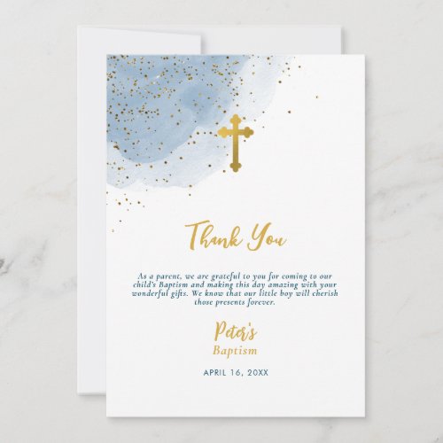 Blue Watercolor Glitter Gold Cross Baptism Boy Thank You Card
