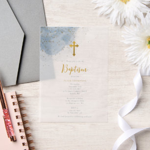 Blue Watercolor Glitter Gold Cross Baptism Boy Vellum Invitations