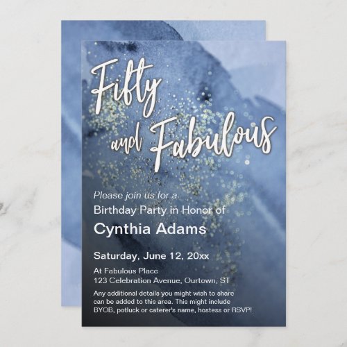 Blue Watercolor Glitter Modern Fifty and Fabulous Invitation