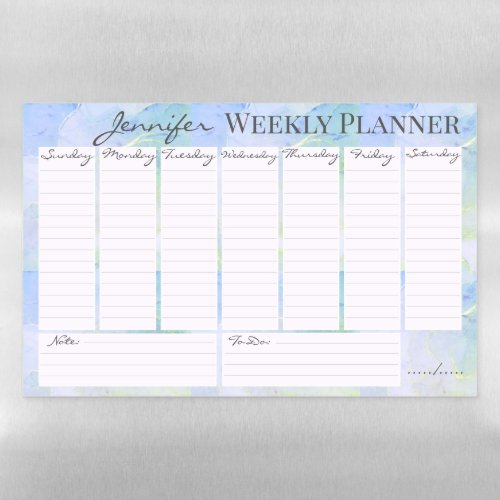 Blue watercolor glitter weekly planner with name   magnetic dry erase sheet