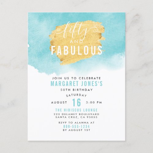 Blue Watercolor  Gold 50  Fabulous Birthday Invitation Postcard