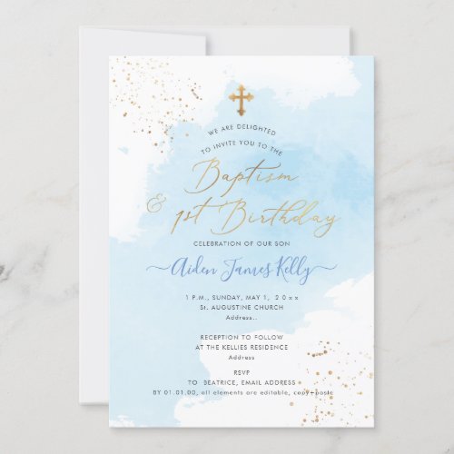 Blue Watercolor Gold Baptism1st Birthday Invitation