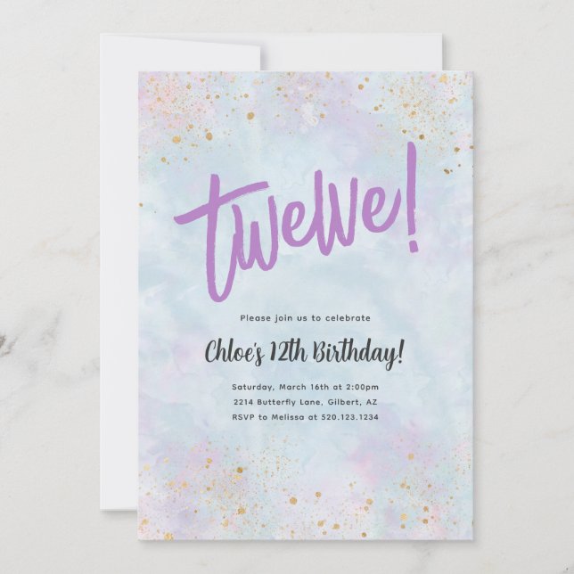 Blue Watercolor Gold Birthday Any Age Invitation (Front)