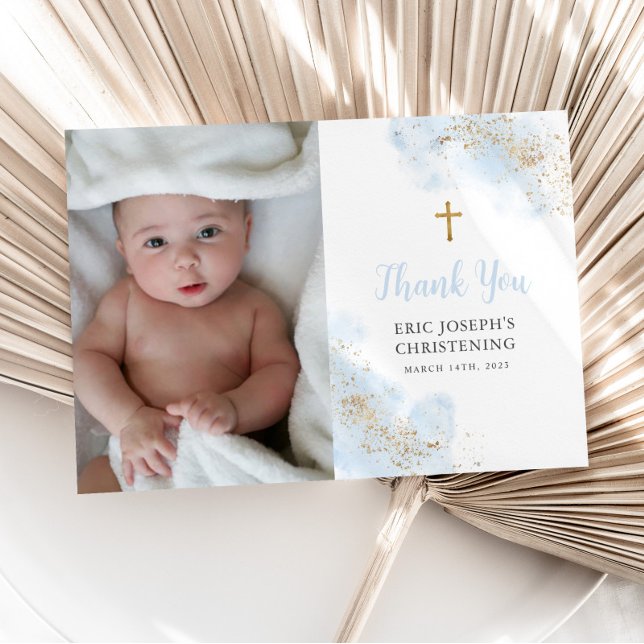 Blue Watercolor Gold Boy Christening Baptism Photo Thank You Card (Creator Uploaded)