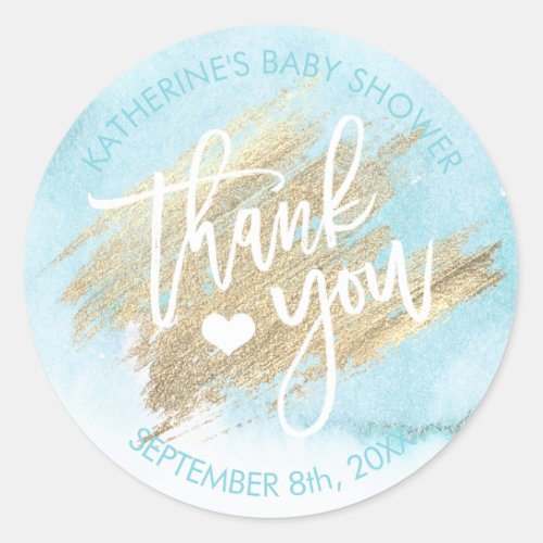 Blue Watercolor Gold Brush Stroke Baby Shower Classic Round Sticker