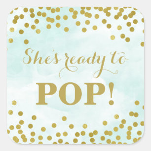 Blue Watercolor Gold Confetti She's Ready to Pop Square Sticker
