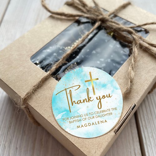 Blue Watercolor Gold Cross Baptism Thank You Favor Classic Round Sticker
