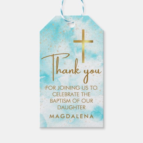 Blue Watercolor Gold Cross Baptism Thank You Favor Gift Tags