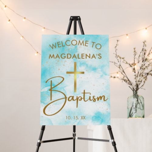 Blue Watercolor Gold Cross Baptism Welcome Foam Board