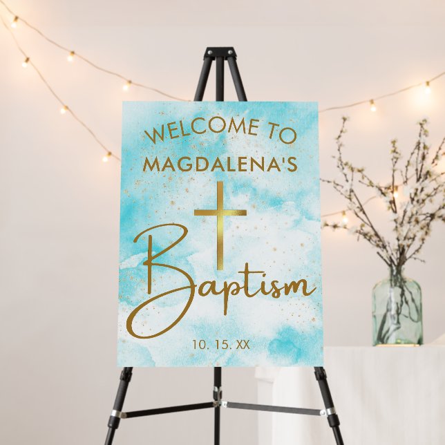 Blue Watercolor Gold Cross Baptism Welcome Foam Board (In Situ (Stand))