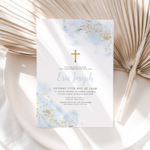 Blue Watercolor Gold Cross Boy Christening Baptism Invitation