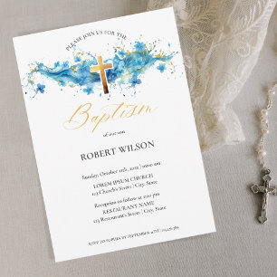 Blue Watercolor Gold Cross Boy Christening Baptism Invitation