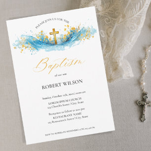 Blue Watercolor Gold Cross Boy Christening Baptism Invitation