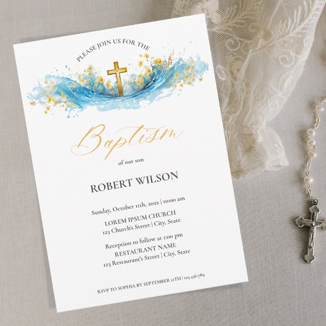 Blue Watercolor Gold Cross Boy Christening Baptism Invitation (Creator Uploaded)