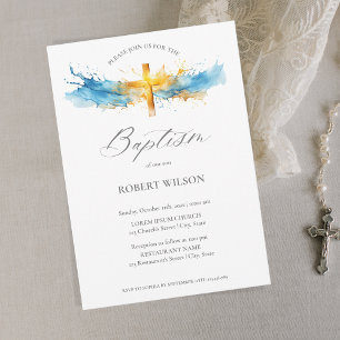 Blue Watercolor Gold Cross Boy Christening Baptism Invitation