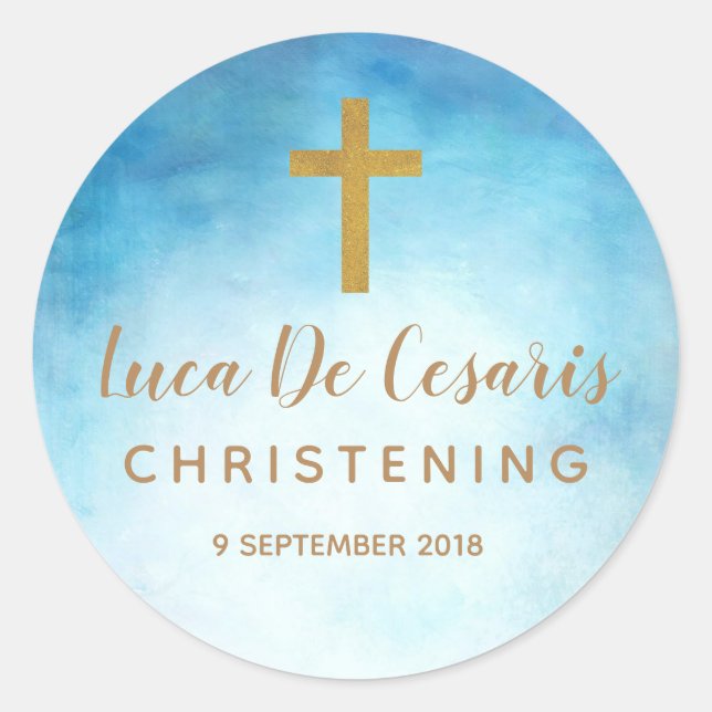 Blue Watercolor Gold Cross Christening sticker (Front)