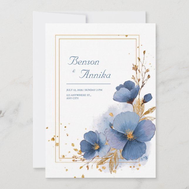 Blue Watercolor Gold Foil Floral Elegant Wedding Invitation (Front)