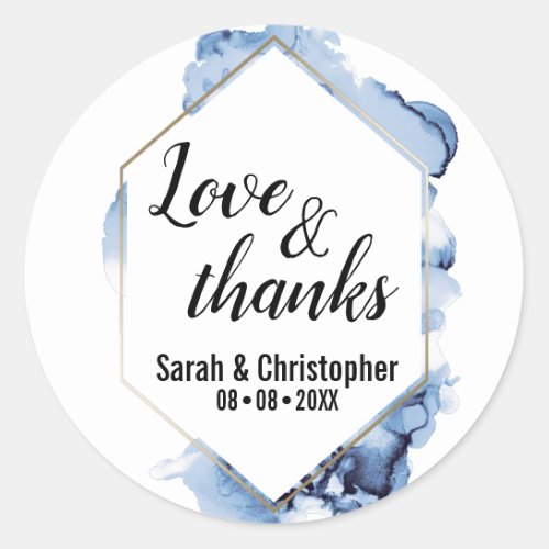 Blue Watercolor Gold frame Love  thanks Classic Round Sticker