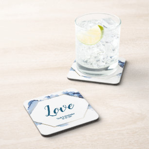 Blue Watercolor gold frame Wedding Beverage Coaster