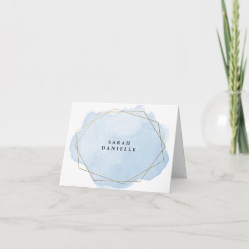Blue Watercolor Gold Geo Frame Personalized Folded Note Card