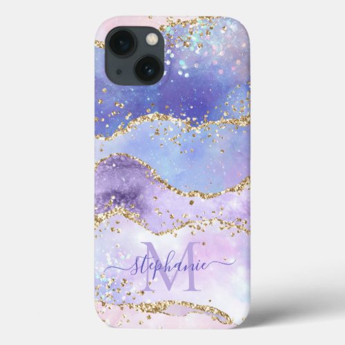 Blue Watercolor Gold Glitter Agate Personalized iPhone 13 Case